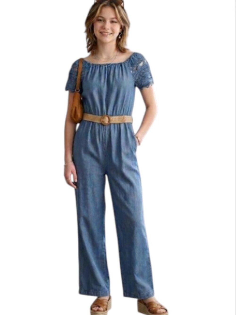 Habitual Junior Size 16 Chambray Lyocell Wide Leg Jumpsuit Lace Detail